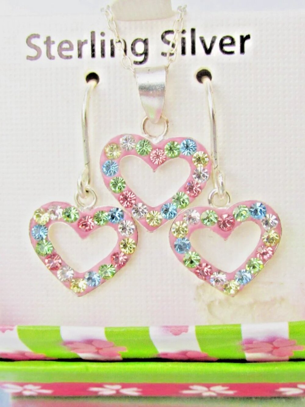 New JACMEL Mauritius Sterling Silver HEART Rhinestone Necklace Earrings Set NWT
